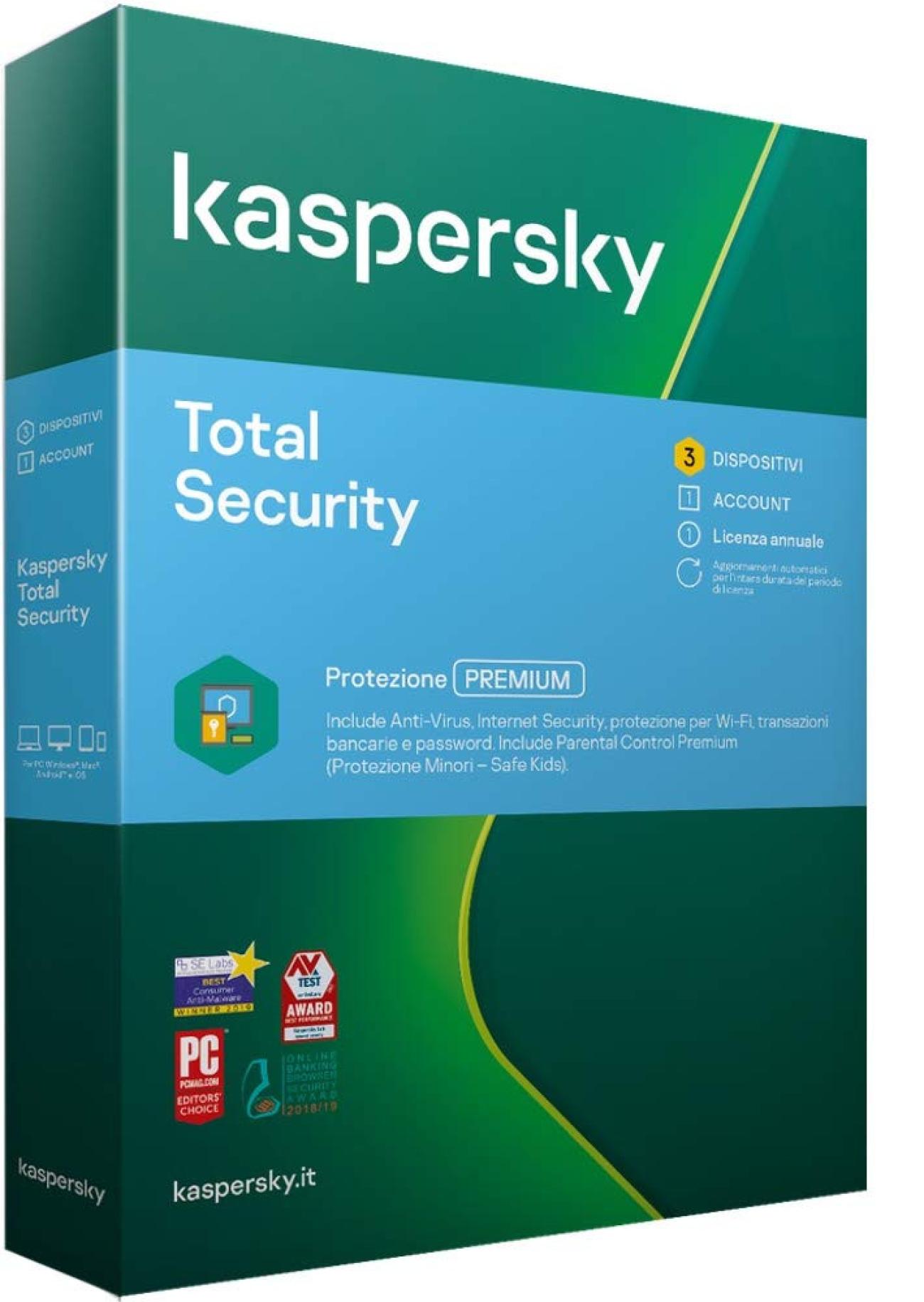 Kaspersky Total Security 2021 | 3 dispositivi PC/Mac/Android | Licenza 1 anno