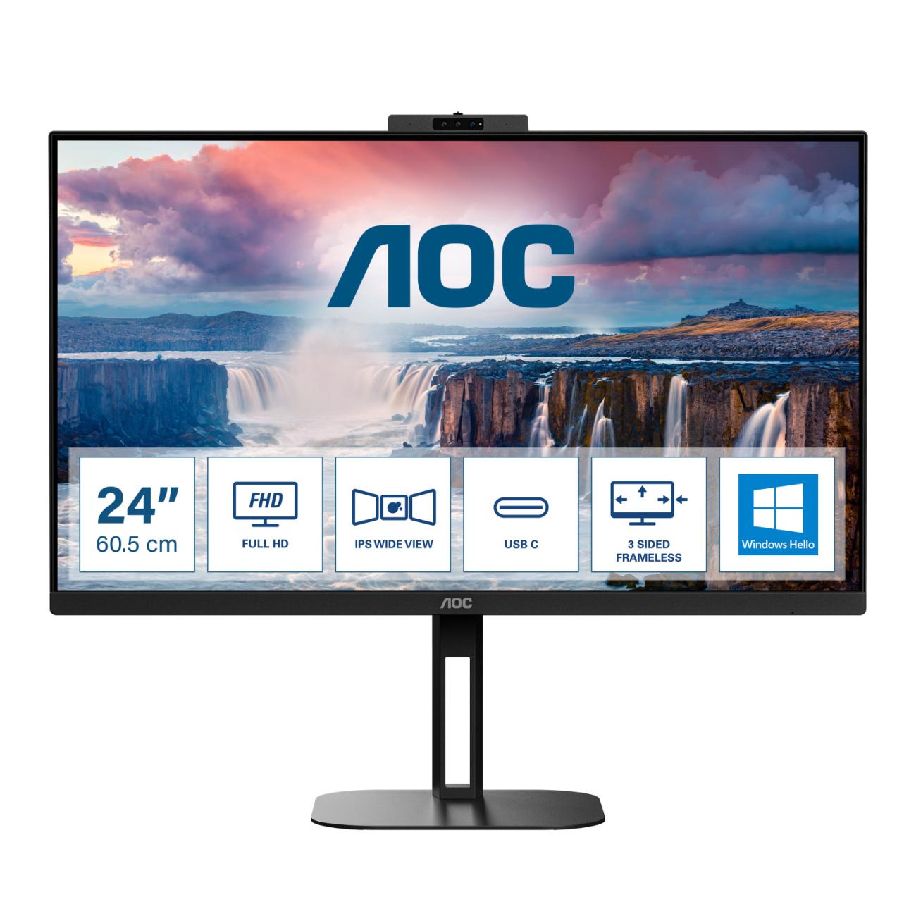 AOC V5 24V5CW BK Monitor 23.8" Full HD IPS USB-C con Webcam Integrata 75Hz Nero