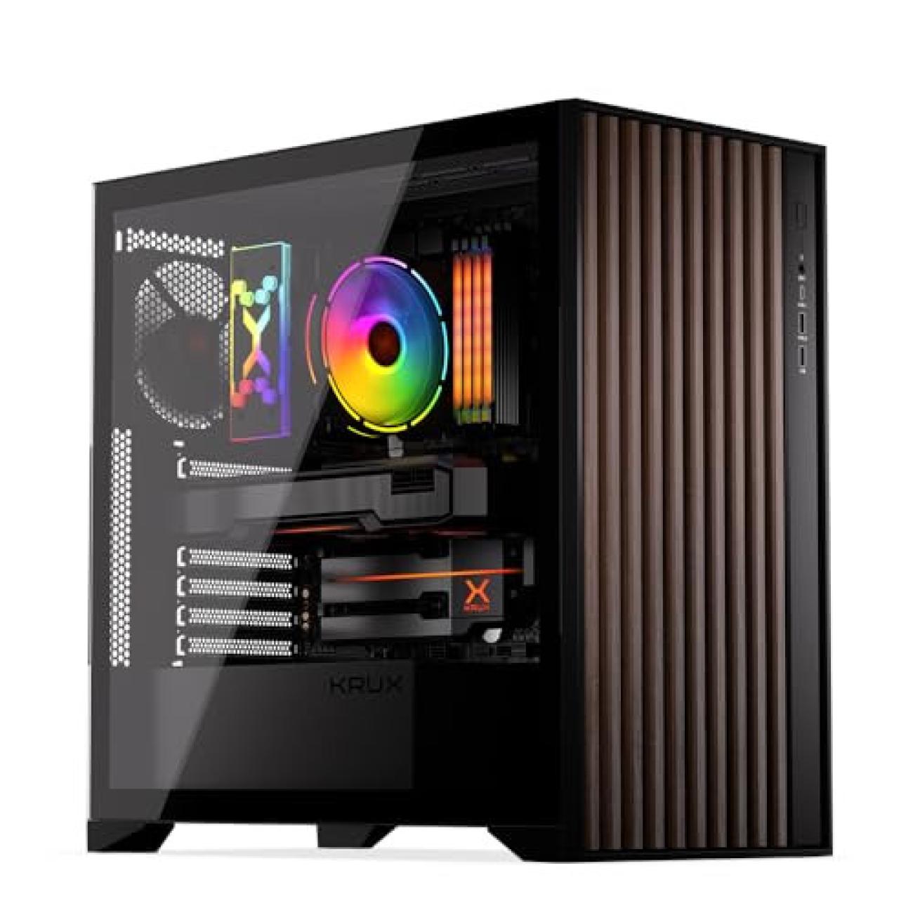 KRUX Palum Case PC ATX con Pannelli in Legno, 2 Ventole 120mm, GPU 395mm, CPU 181mm
